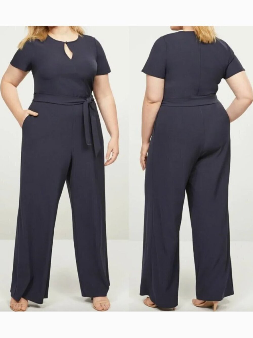LANE BRYANT Plus Size Lena Faux Wrap Keyhole Jumpsuit Navy Blue Belted Tie Party